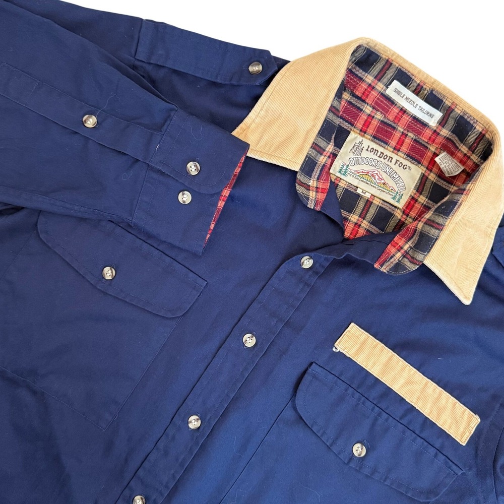Vtg‎ London Fog Outdoors Unlimited Navy Corduroy Collar Plaid Lined Shirt Mens M